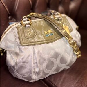Coach Olive and silver Signature Shoulder Bag with lavender interior.